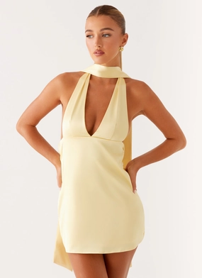 Flattering Waist Design Fit Alicia Satin Halter Mini Dress - Pastel Yellow