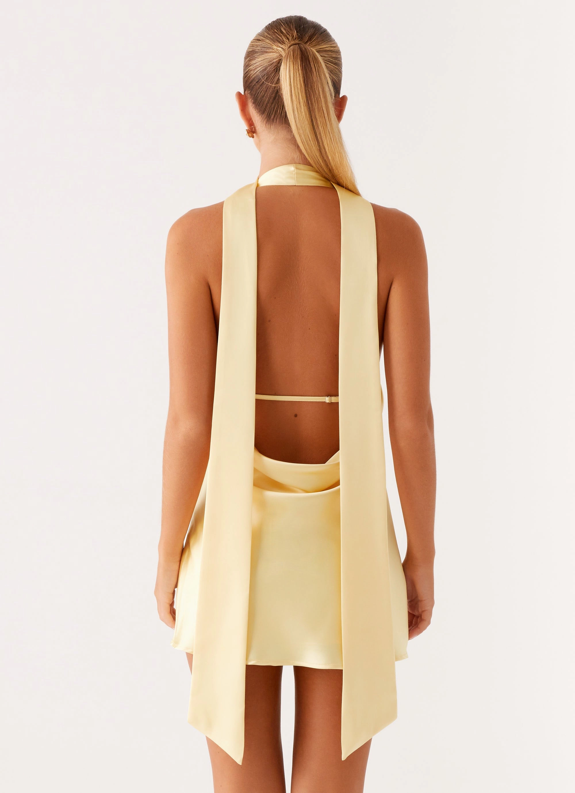 Texture Rich Alicia Satin Halter Mini Dress - Pastel Yellow