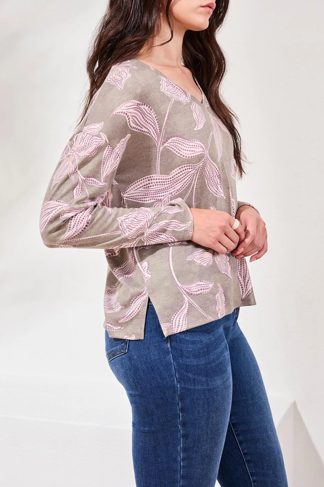 Tribal Fuzzy Soft V-Neck Top- Multiple Prints MicroPerforated Details