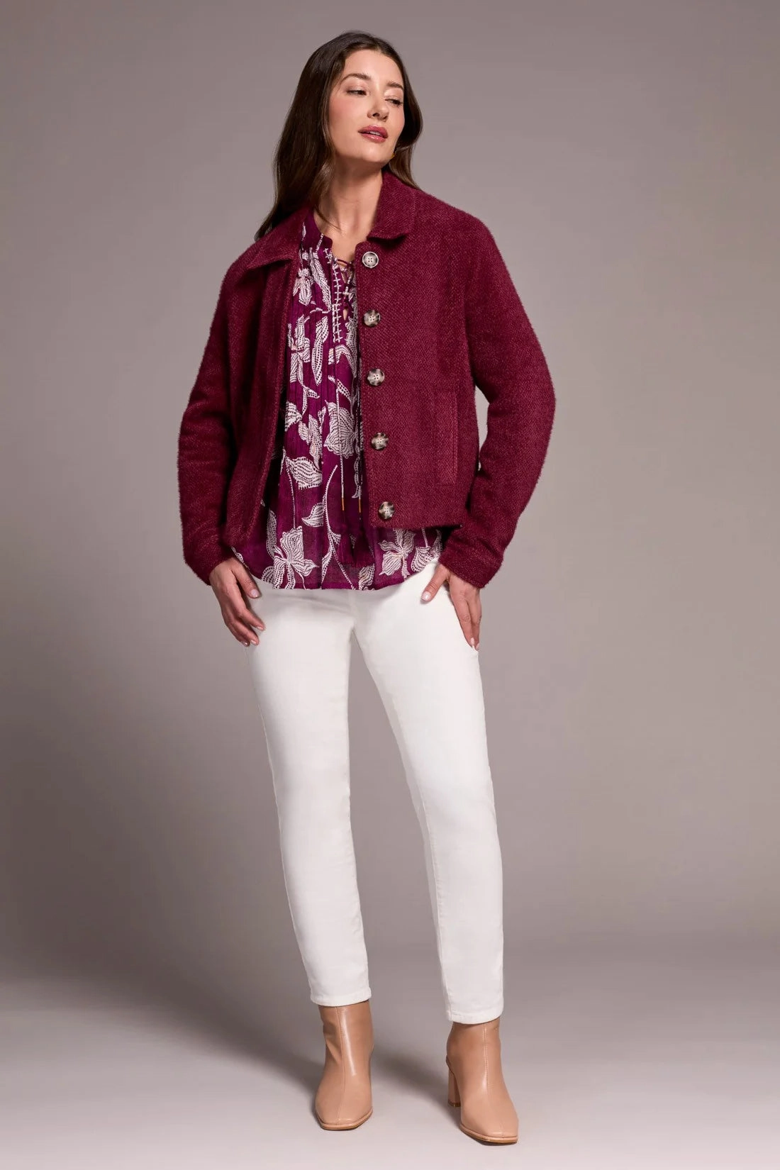 Tribal Soft Boucle Button-Front Jacket- 2 Colors Bonded Seam Innovation Bound Edges