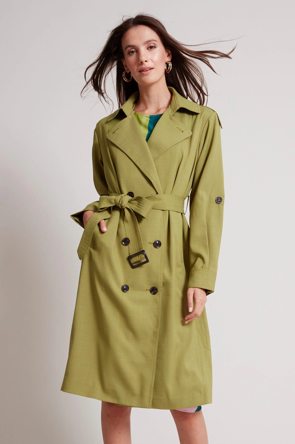 Heavyweight Warmth Collapsible Packable Design Troy Cloth Trench Coat With Inverted Back Pleat - Kiwi