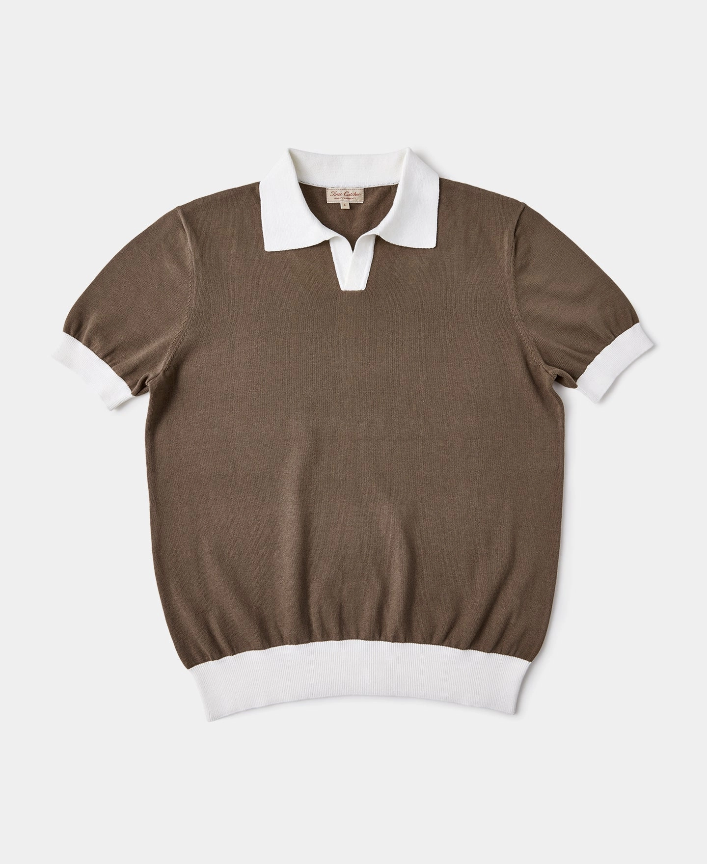 Two-Tone Johnny Collar Cotton Polo Shirt - White/Brown Daily Fashion
