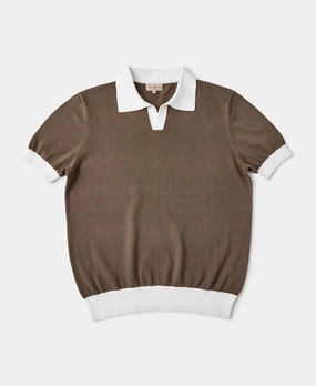Two-Tone Johnny Collar Cotton Polo Shirt - White/Brown Daily Fashion