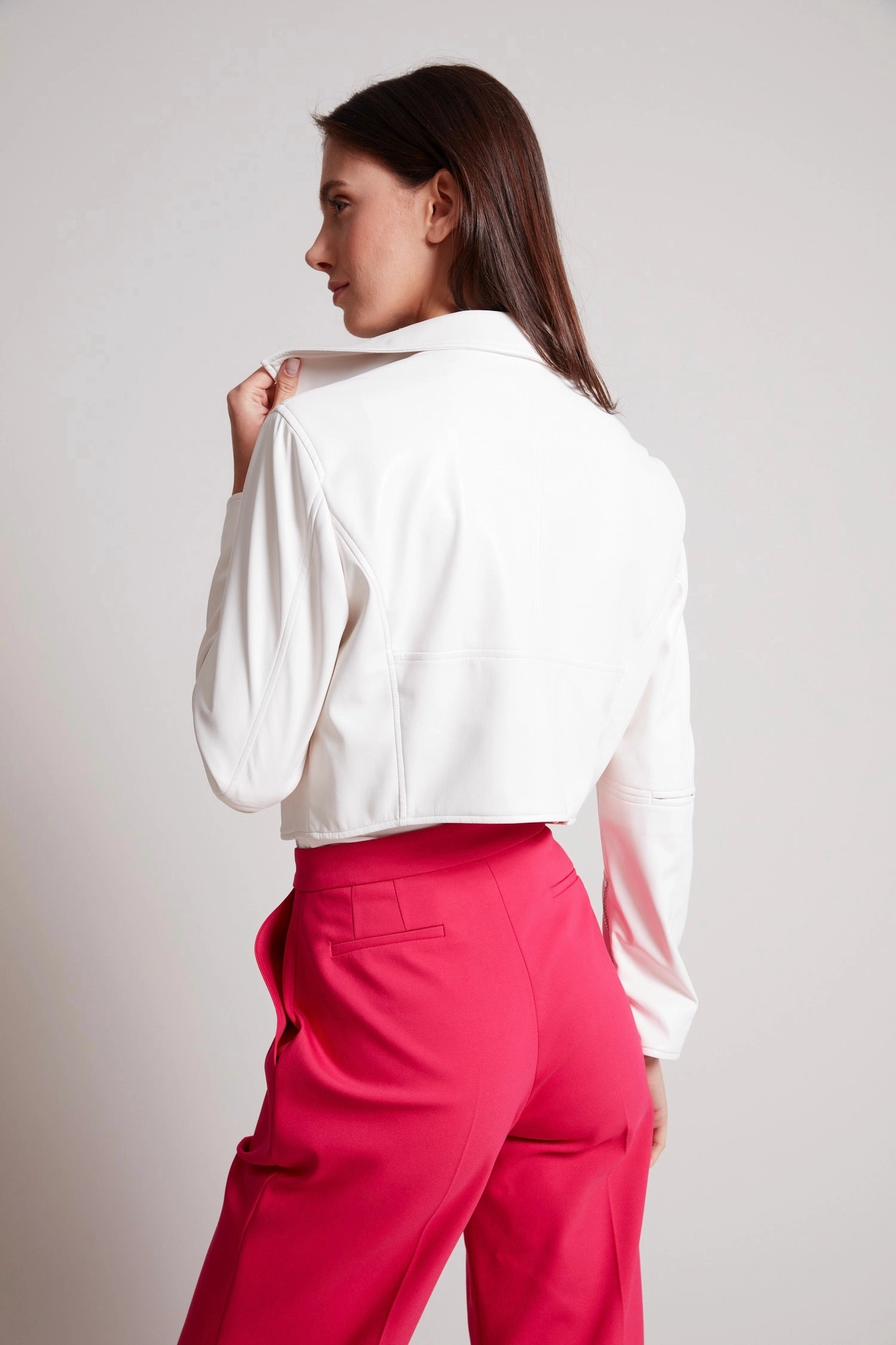 All Day Wear Water Resistant Design Tyra Cropped Vegan Leather Biker Jacket - White