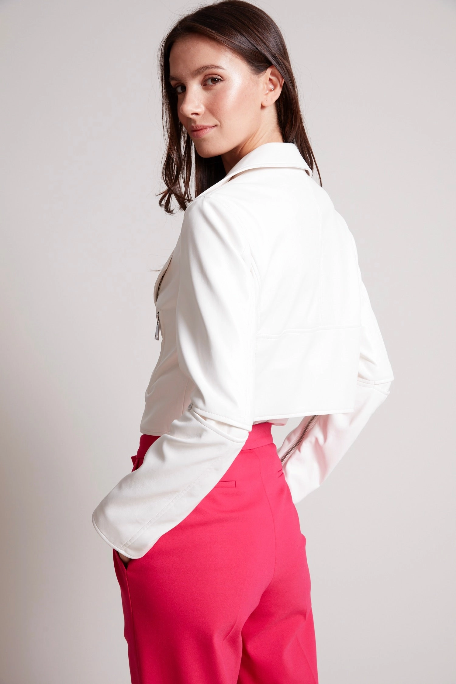 City Style MoistureWicking Technology Tyra Cropped Vegan Leather Biker Jacket - White