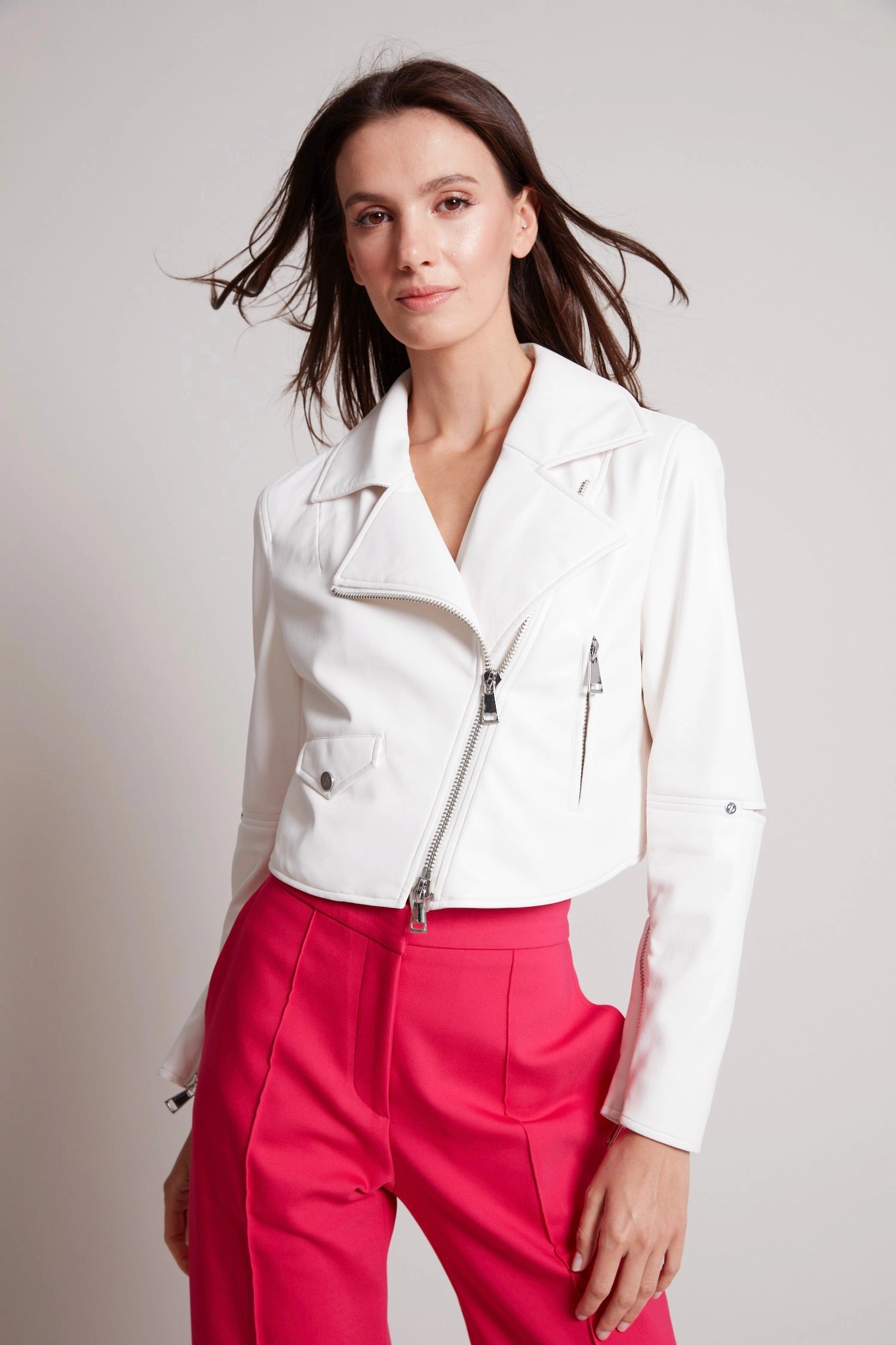 Tyra Cropped Vegan Leather Biker Jacket - White Embellished Trim Teflon Finish