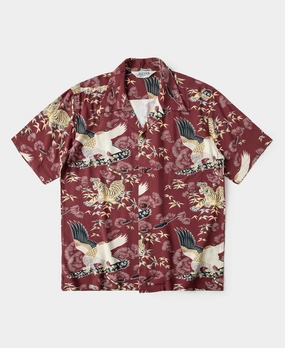All Purpose Weave Design Anti Static Finish Ukiyo-e Tiger & Crane Pattern Aloha Shirt - Wine Red