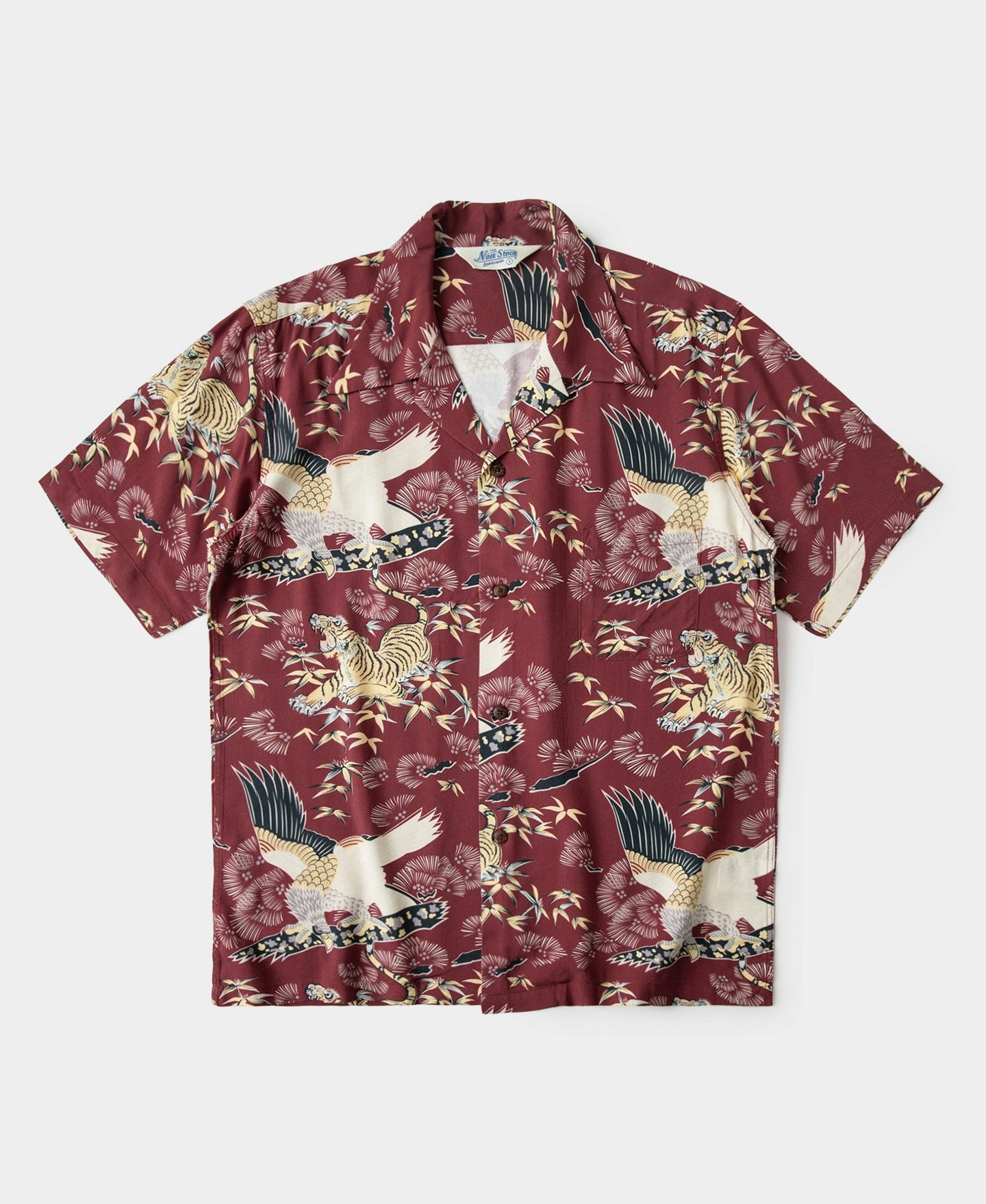 Performance Fabric Plus Size Ukiyo-e Tiger & Crane Pattern Aloha Shirt - Wine Red