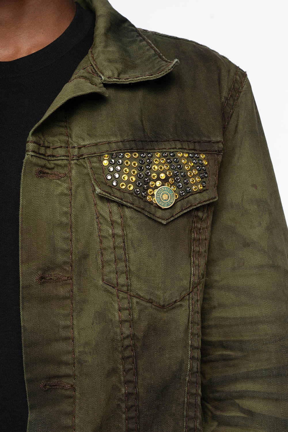 Layered Protection Multi pockets VINTAGE FASHION GREEN JEAN JKT WITH BROWN CONTRAST STICH WITH CRYSTALS