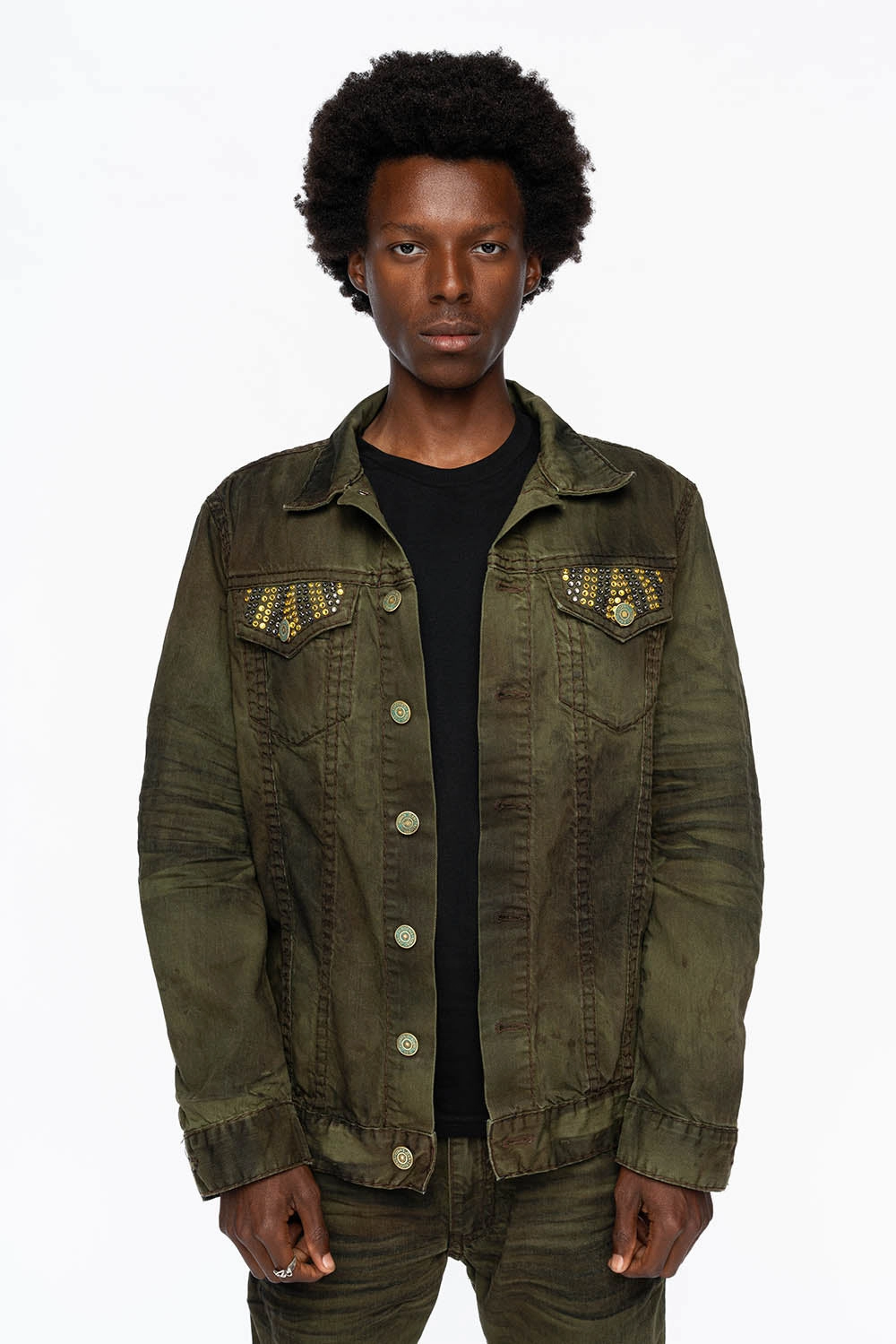 VINTAGE FASHION GREEN JEAN JKT WITH BROWN CONTRAST STICH WITH CRYSTALS Moisture Wicking Layer Temperature control