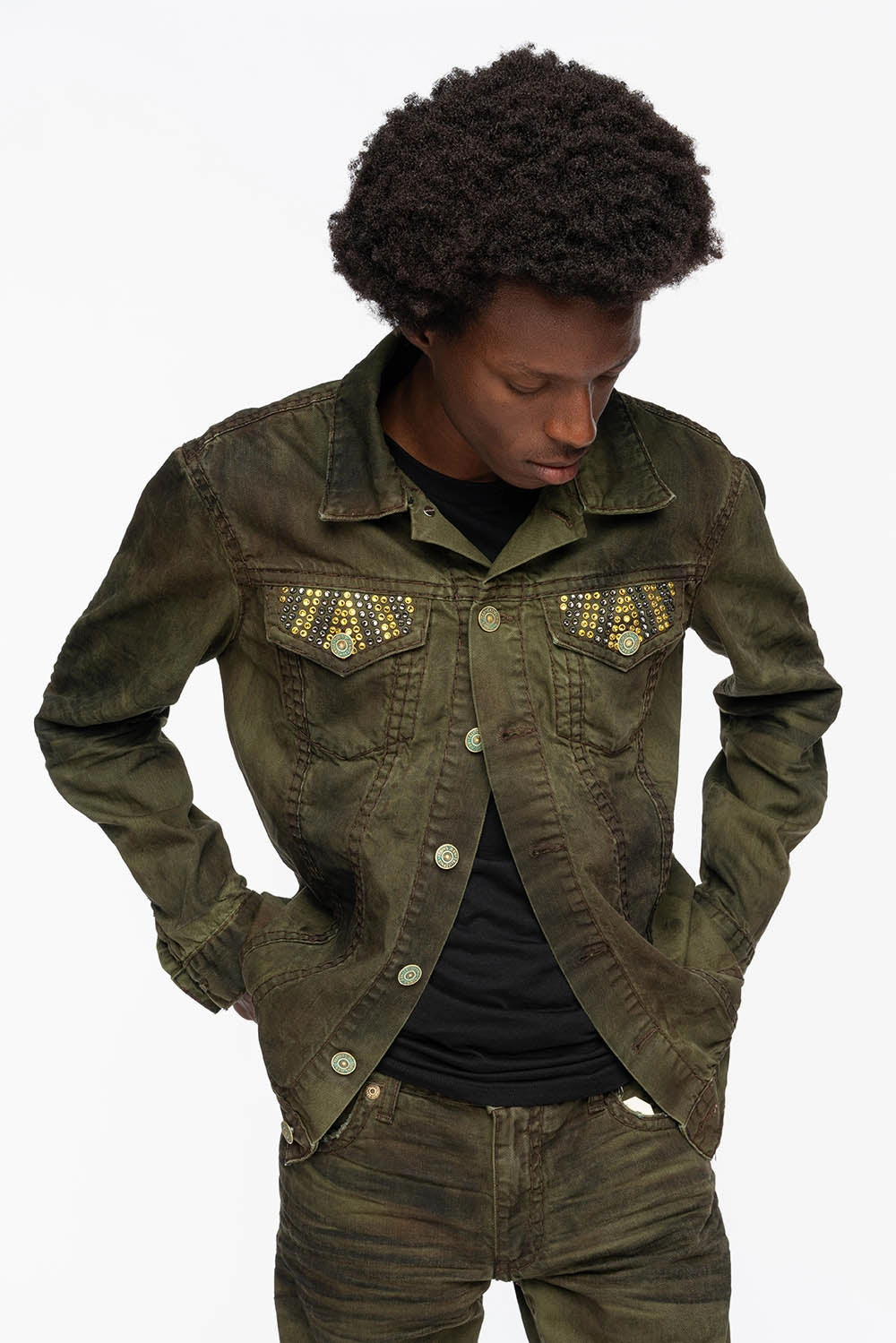 VINTAGE FASHION GREEN JEAN JKT WITH BROWN CONTRAST STICH WITH CRYSTALS Two Way Zipper