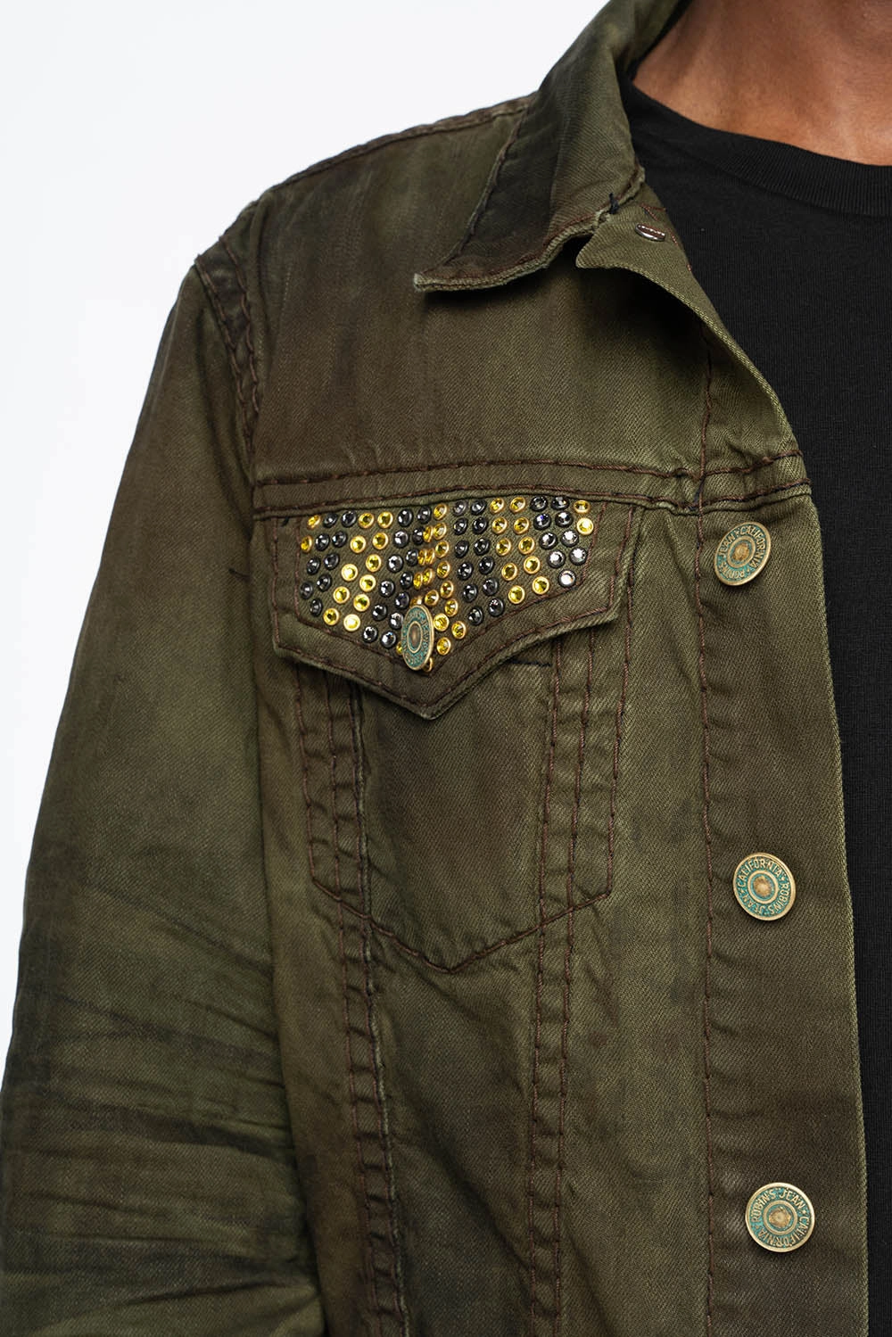 VINTAGE FASHION GREEN JEAN JKT WITH BROWN CONTRAST STICH WITH CRYSTALS Noise Reduced Fabric