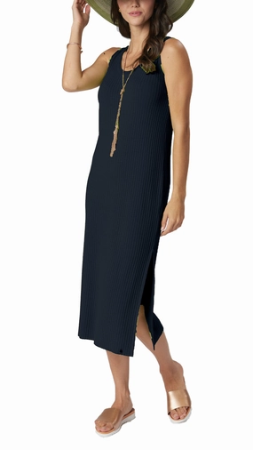 Betsy Vertical Rib Knit Sleeveless Mid-Calf Sheath Dress - Dark Navy Short Sleeve Layering Fit