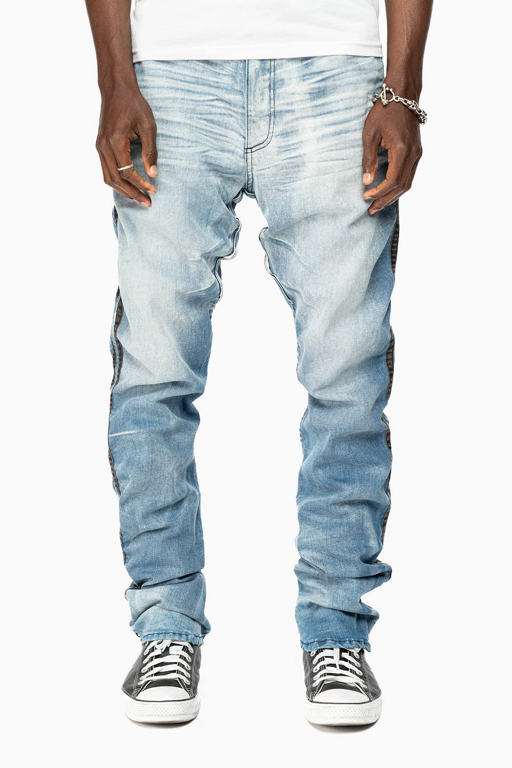 MENS LIMITED EDITION WARRIOR MILITARY JEAN- PANTS IN BLUE OMAHA LIGHT WASH WITH CRYSTALS Slim Modern Heavyweight Denim
