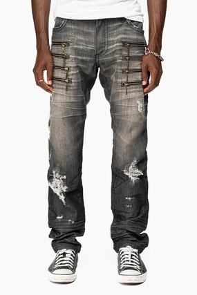Minimalist Night Out Smooth MENS MOTORCYCLE ZIPPERS SLIM JEANS IN ALBANY BLK BROKEN WASH EMBELLISHED WITH CRYSTALS