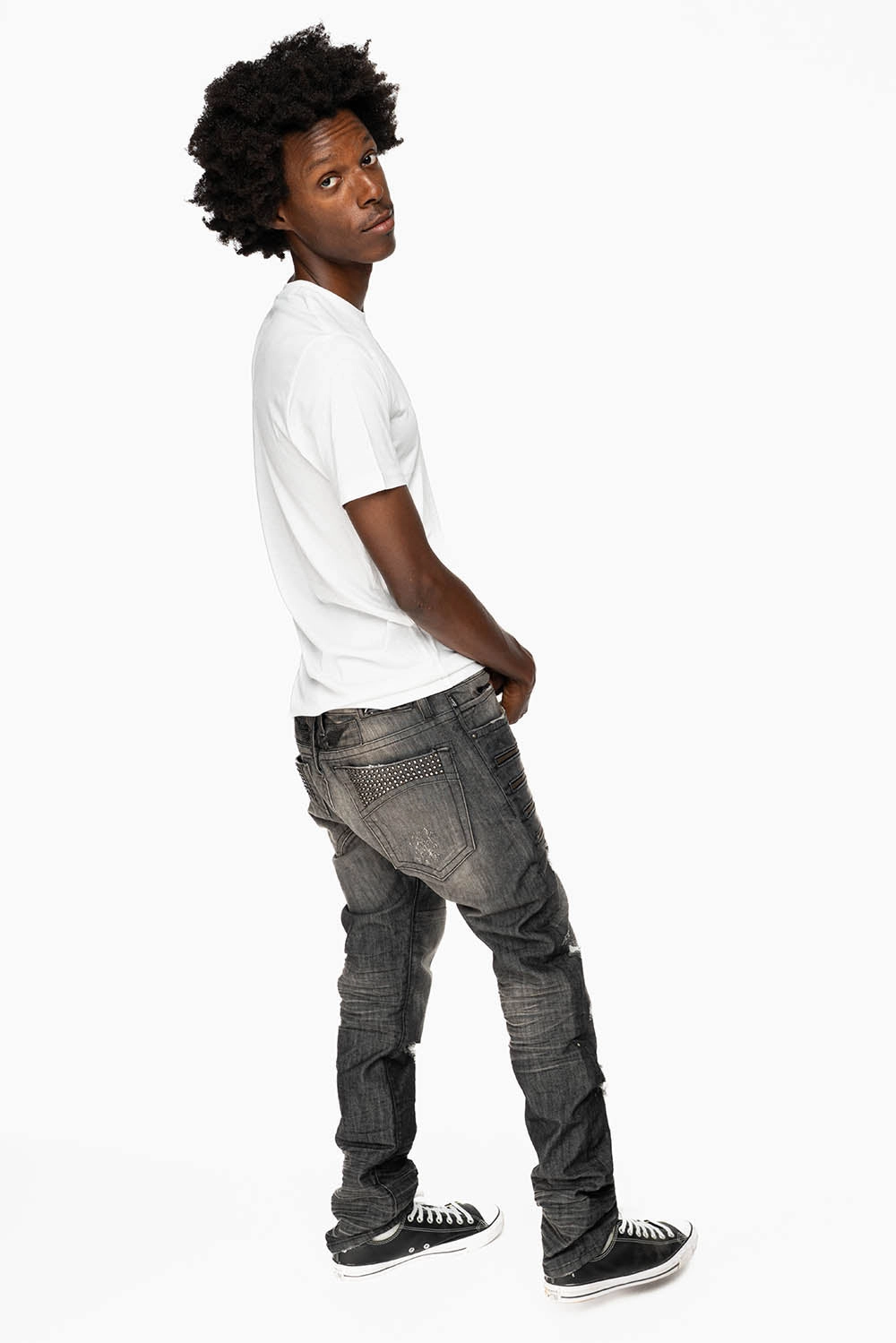 Light Stretch Timeless Choice MENS MOTORCYCLE ZIPPERS SLIM JEANS IN ALBANY BLK BROKEN WASH EMBELLISHED WITH CRYSTALS