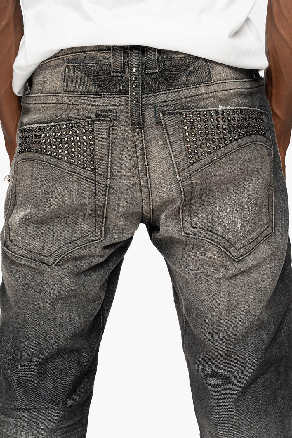 MENS MOTORCYCLE ZIPPERS SLIM JEANS IN ALBANY BLK BROKEN WASH EMBELLISHED WITH CRYSTALS Road Trip Bold Look Smart Casual