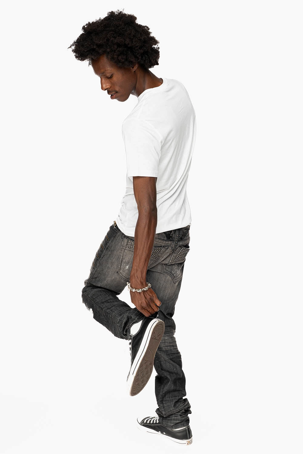 Smart Fit MENS MOTORCYCLE ZIPPERS SLIM JEANS IN ALBANY BLK BROKEN WASH EMBELLISHED WITH CRYSTALS