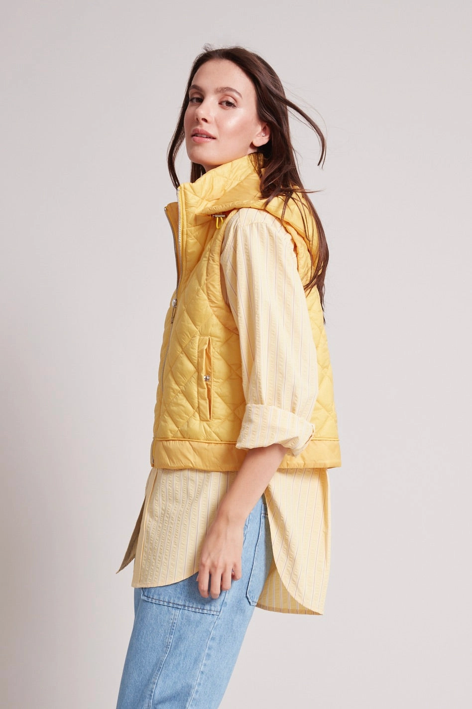 Microfiber texture Neutral Fit Design Talia Quilted Gilet With Removable Hood - Sunshine