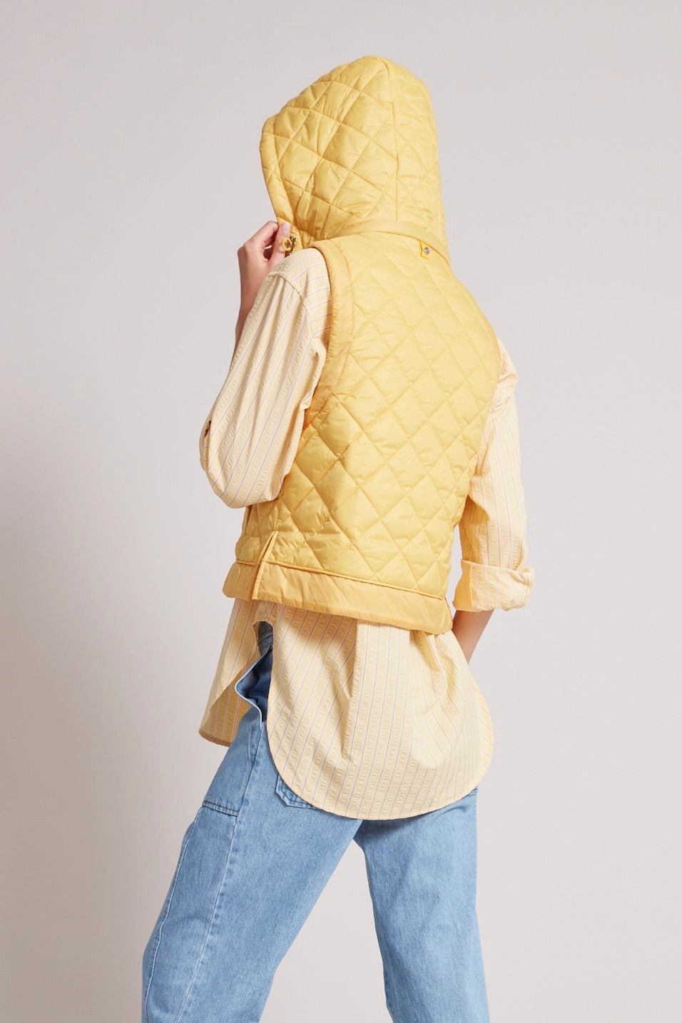 Talia Quilted Gilet With Removable Hood - Sunshine Flexible Joint Articulation