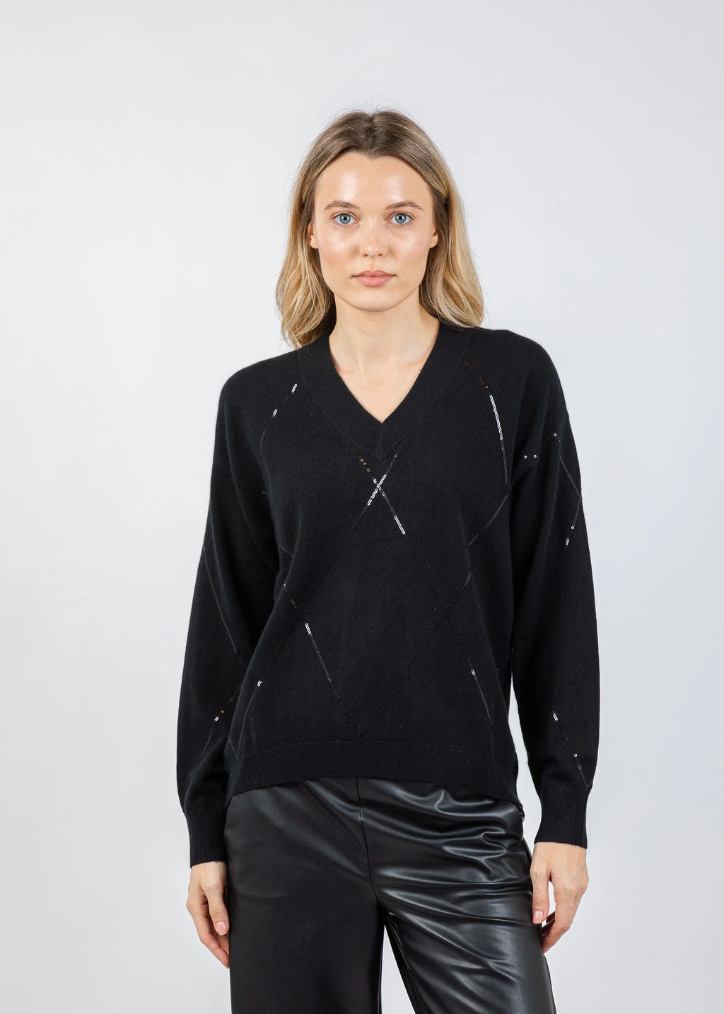 V-Neck Wool/Cashmere Sweater With Sequins - Black Moisture Wicking Technology