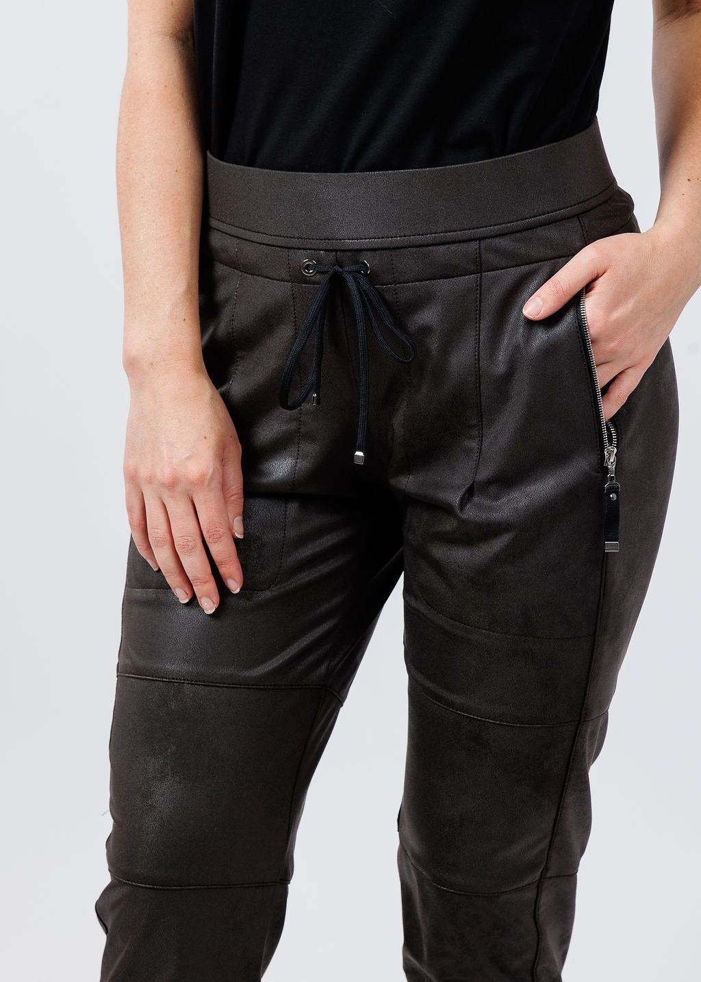 Zip Pocket GussetedCrotch Vegan Leather Candy Pants - Dark Brown