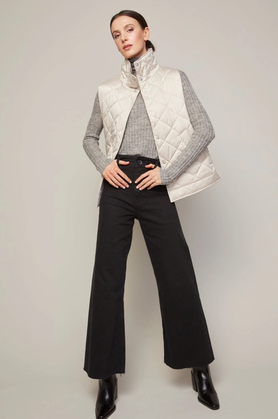 Brielle Quilted Sleeveless Funnel Neck Vest - Birch Mold resistant Adjustable Hemline