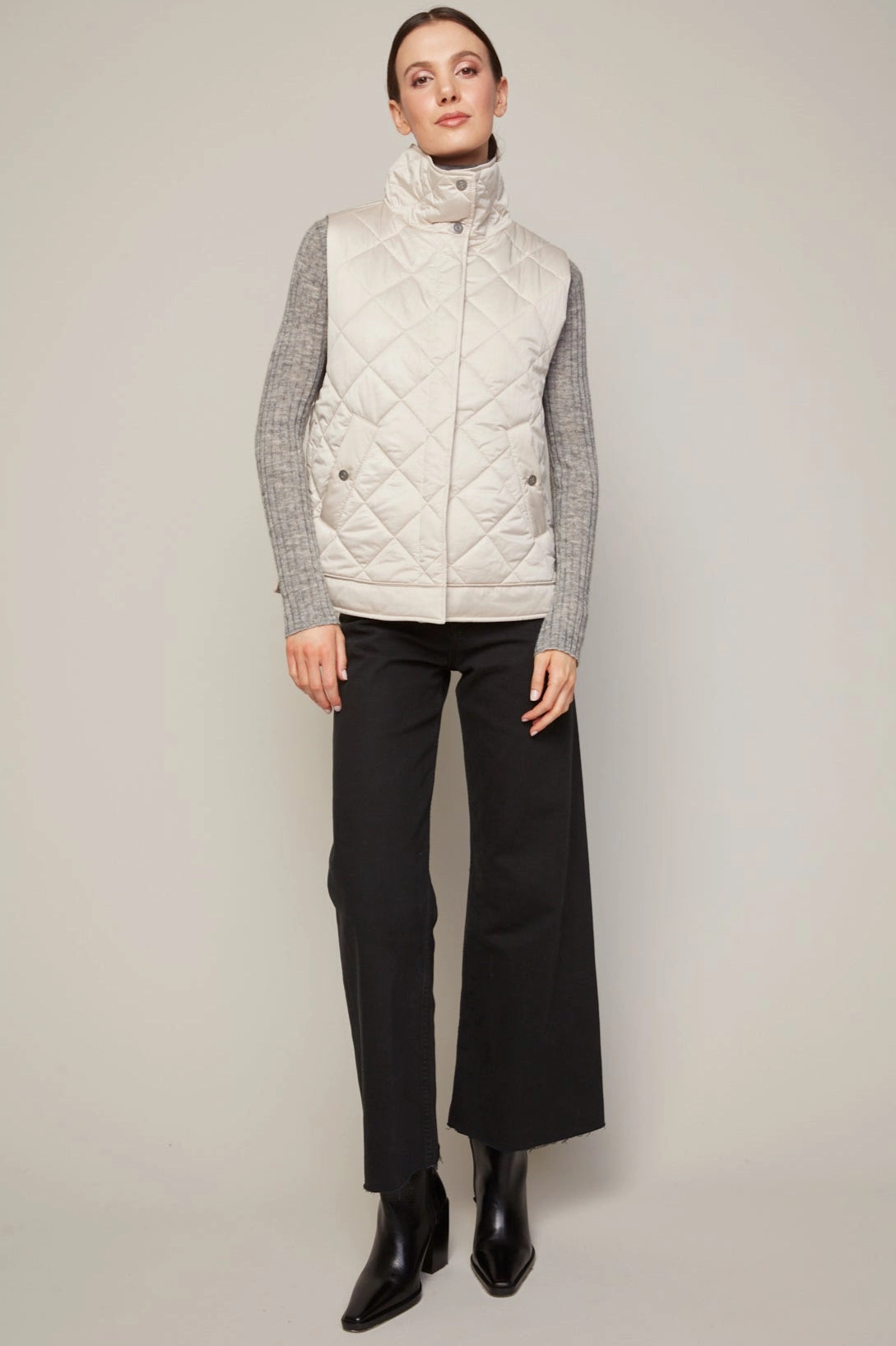 Brielle Quilted Sleeveless Funnel Neck Vest - Birch High Collar Design Comfy Fit