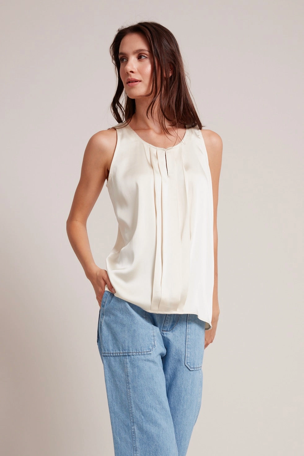 Eye-Catching Pattern hypoallergenic material Tasha Sleeveless Front Key Hole Blouse - Champagne