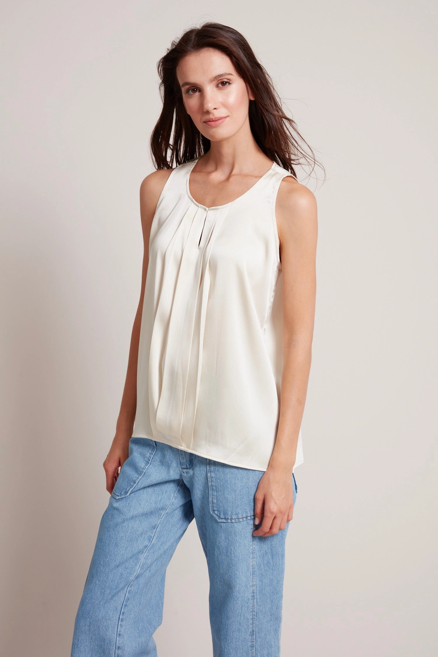 Tasha Sleeveless Front Key Hole Blouse - Champagne Neutral Toned Stitching Shimmer Effect