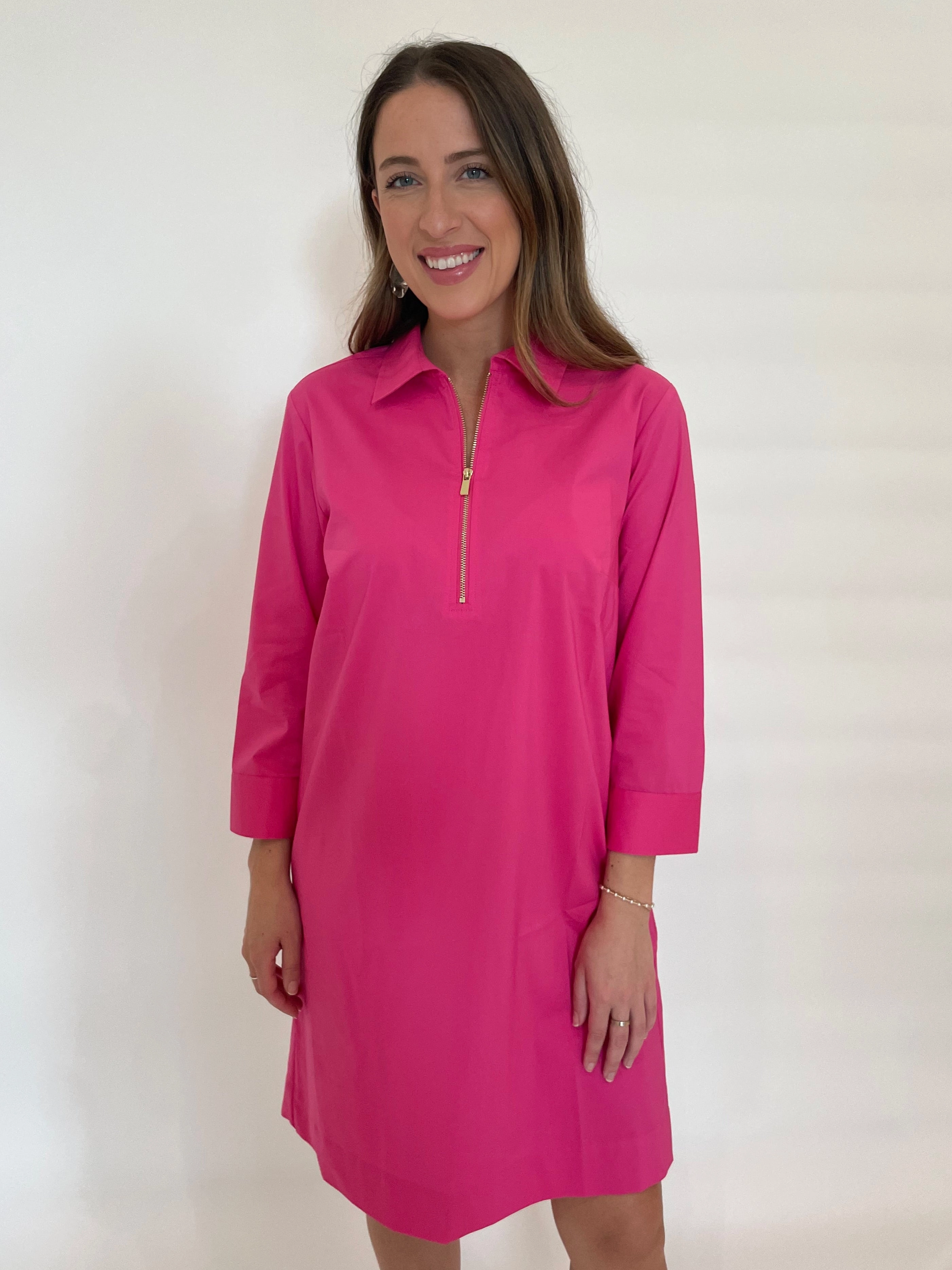 Alessa 3/4 Sleeve Dress - Hot Pink Polished Edge