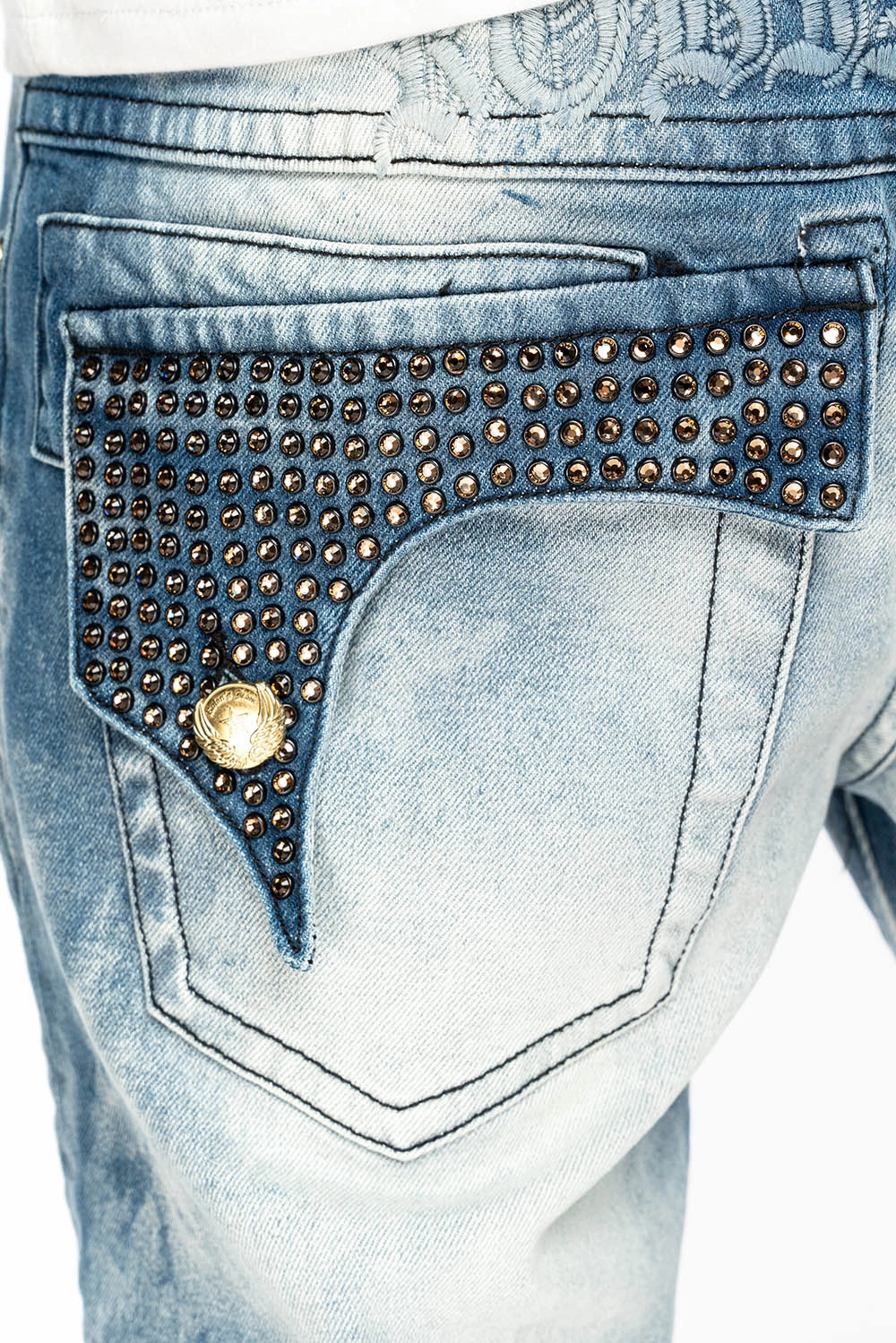 Comfy Silhouette Fade Resistant Wash KILLER FLAP MENS STRAIGHT LEG JEAN IN CHEROKEE BLUE WASH EMBELLISHED WITH CRYSTAL