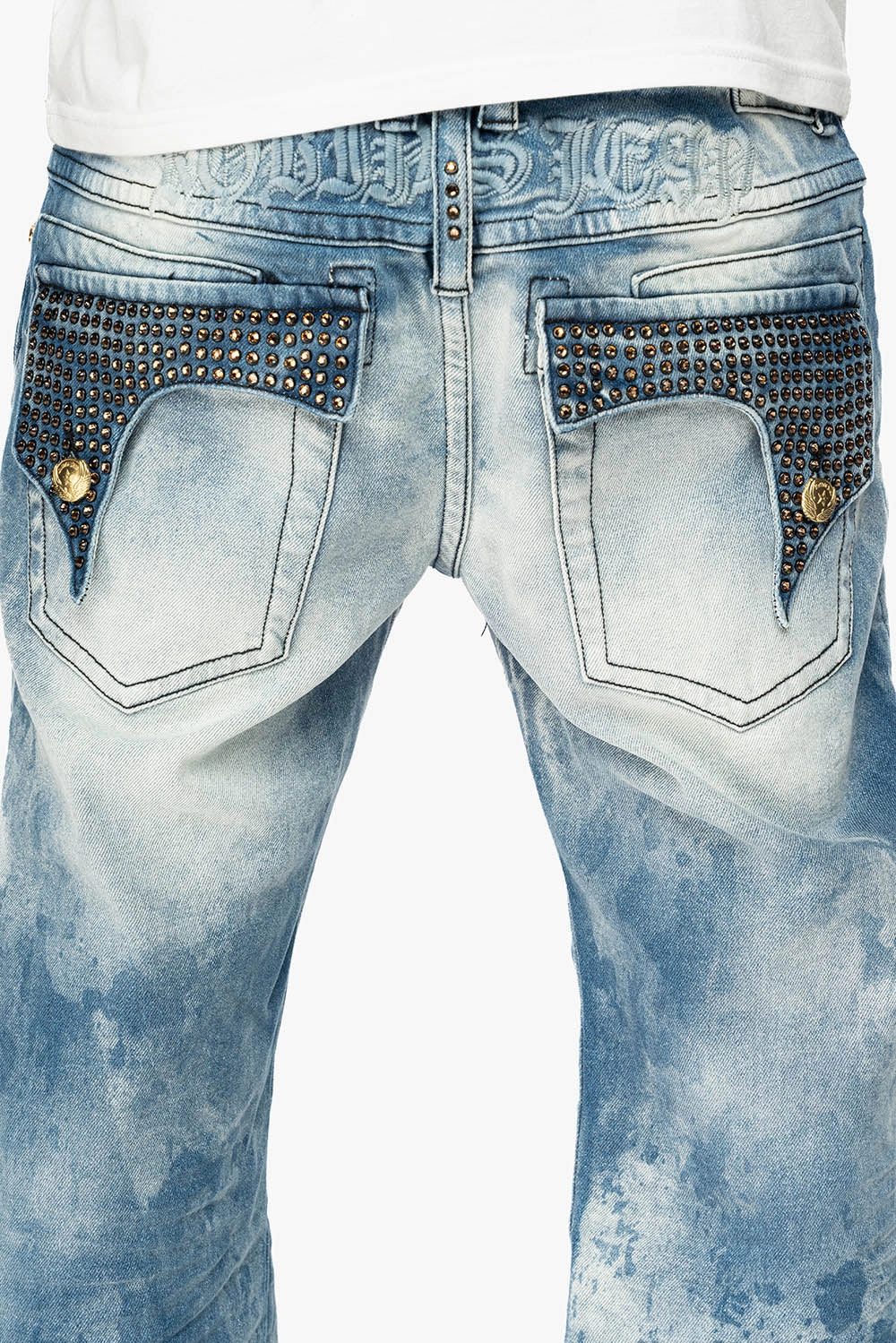Outfit Base KILLER FLAP MENS STRAIGHT LEG JEAN IN CHEROKEE BLUE WASH EMBELLISHED WITH CRYSTAL