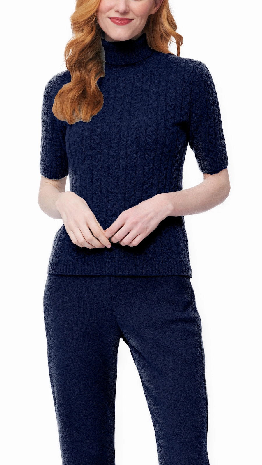 All-Season Wear Chic Wardrobe Lea Short Sleeved Cable-Knit Turtleneck -  Thunder Navy
