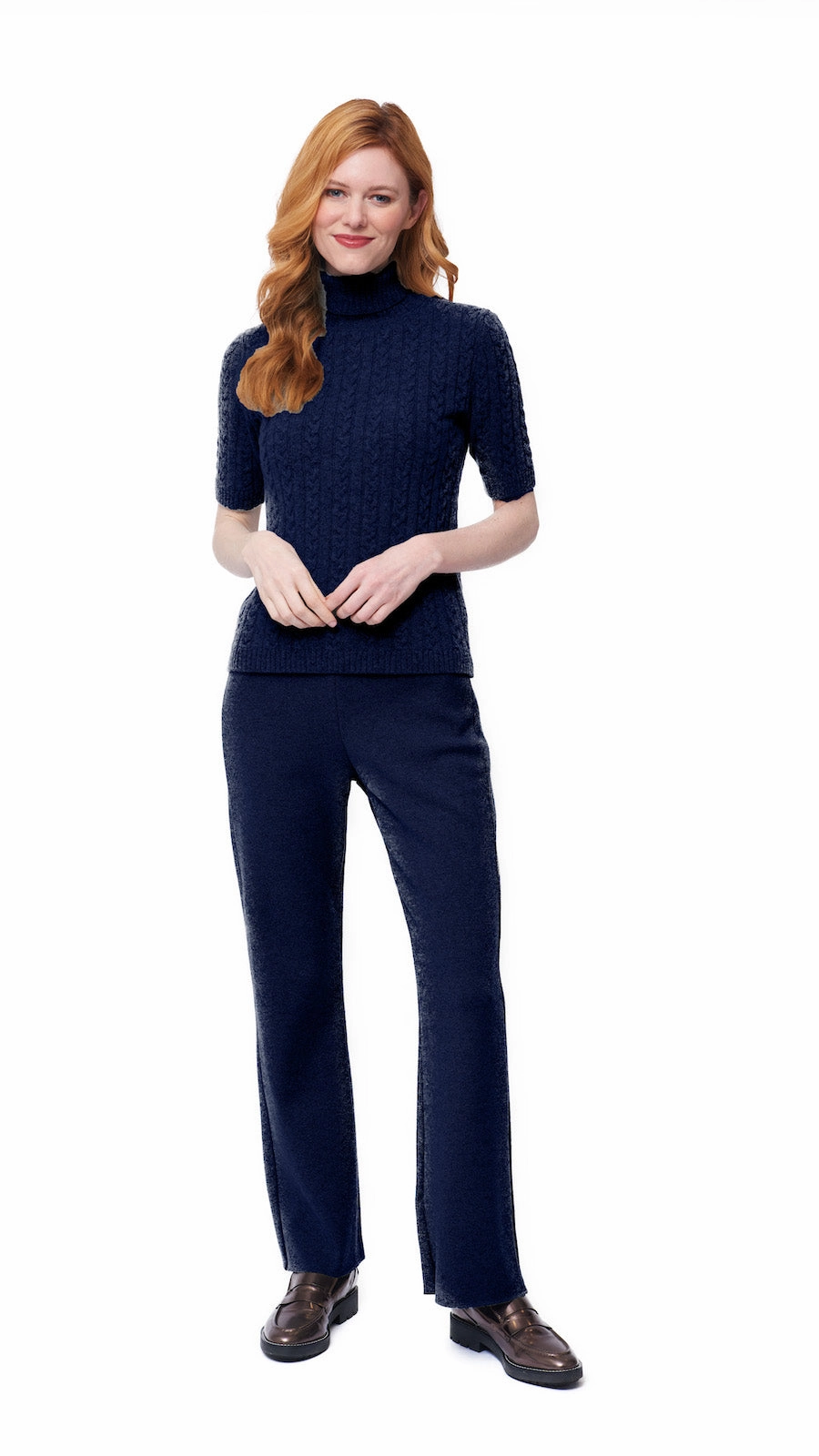 Easy Comfort Lea Short Sleeved Cable-Knit Turtleneck -  Thunder Navy