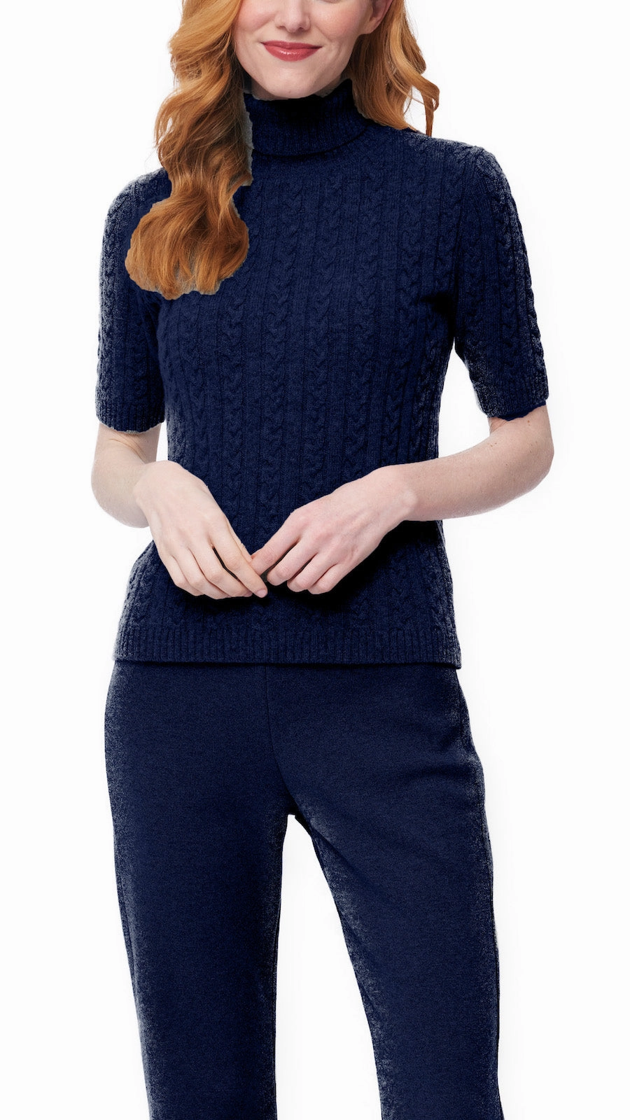 Clean Edge Trim Weekend Casual Lea Short Sleeved Cable-Knit Turtleneck -  Thunder Navy