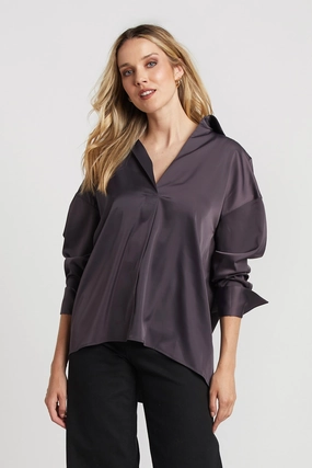 Kay Popover Satin Blouse With Long Cuffs - Mulberry All-Day Wear Neutral Tones