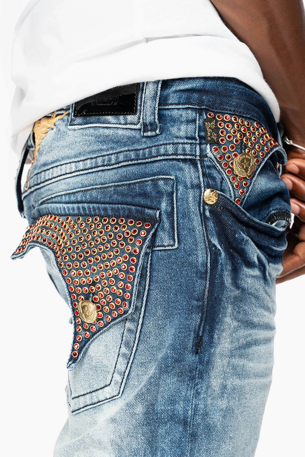 KILLER FLAP  STRAIGHT LEG  JEAN IN BLUE NEW CLOUD JAPAN WASH FULLY EMBELLISHED WITH CRYSTALS Season Ready