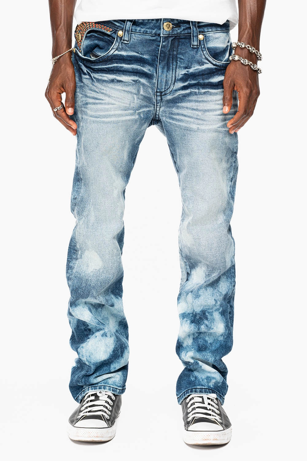 Timeless Look KILLER FLAP  STRAIGHT LEG  JEAN IN BLUE NEW CLOUD JAPAN WASH FULLY EMBELLISHED WITH CRYSTALS