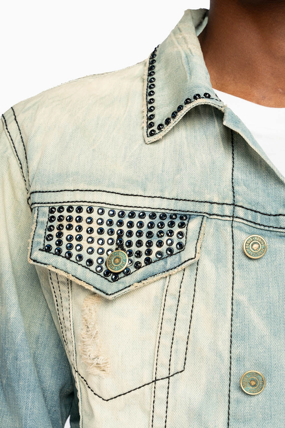 VINTAGE 5D LIGHT BLUE JACKET WITH BLACK EMBROIDERED LOGO WINGS WITH EMBELLISHMENT Transitional City Fit Adjustable Detachable Hood