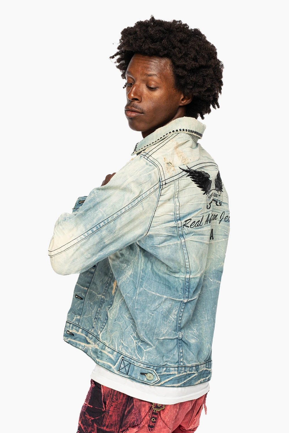 Modern Layers VINTAGE 5D LIGHT BLUE JACKET WITH BLACK EMBROIDERED LOGO WINGS WITH EMBELLISHMENT