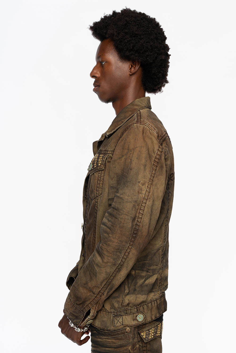 VINTAGE FASHION BROWN JEAN JKT WITH BROWN CONTRAST STICH WITH CRYSTALS Stretchable Panels Minimalist Design