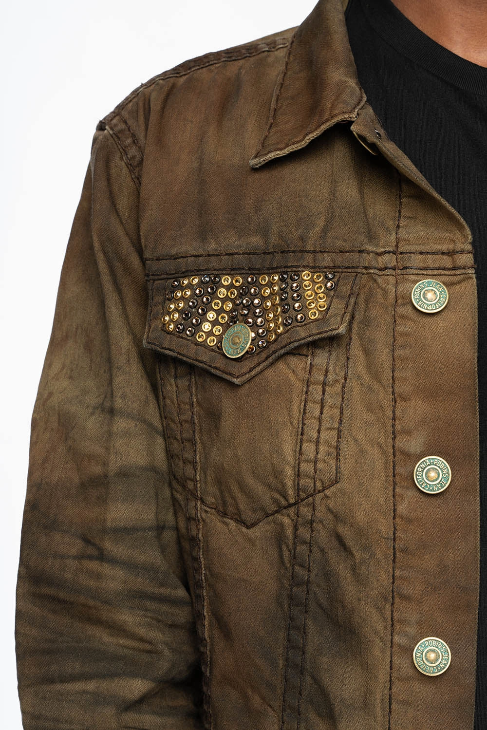 InterchangeableLining Removable Hood VINTAGE FASHION BROWN JEAN JKT WITH BROWN CONTRAST STICH WITH CRYSTALS