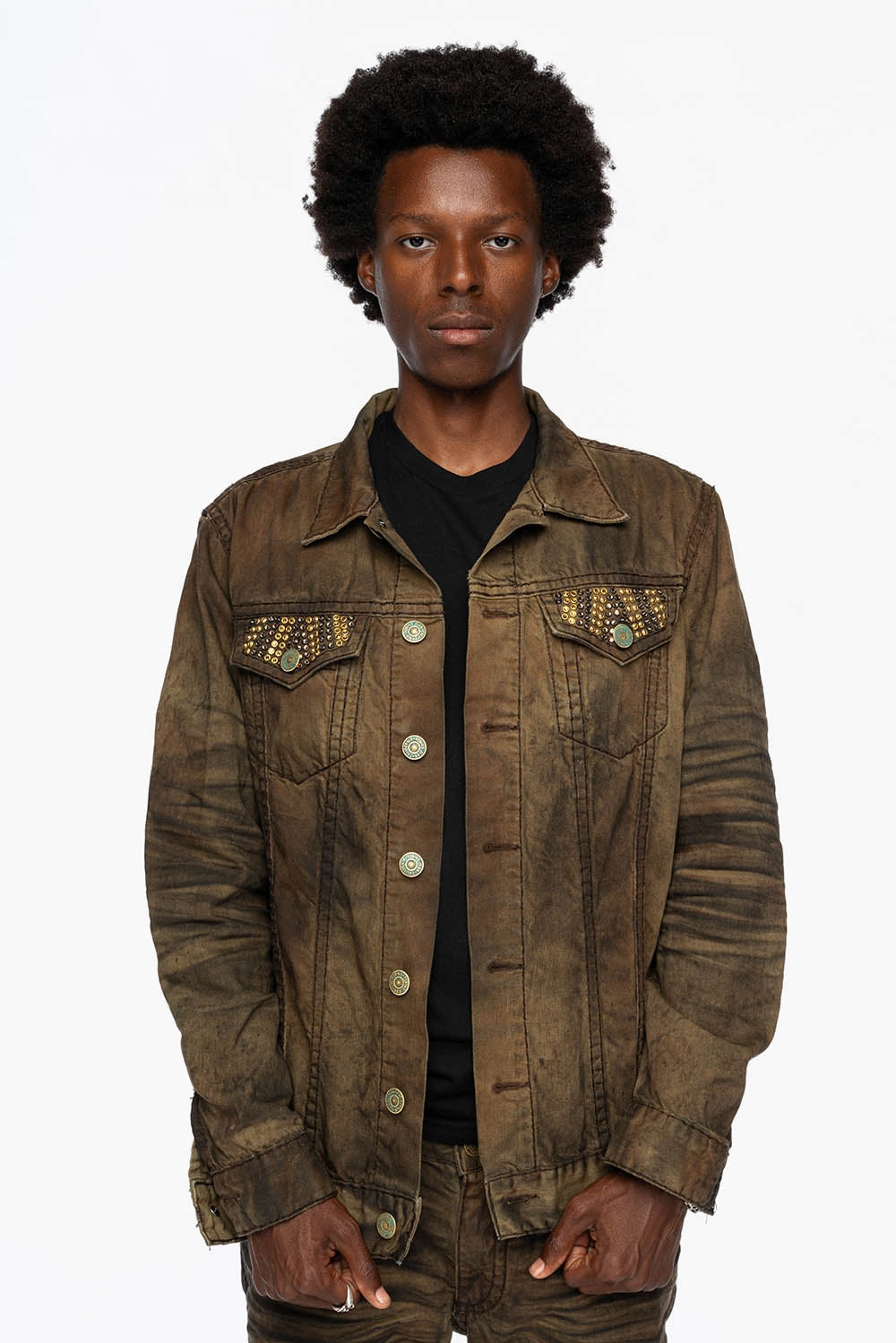 VINTAGE FASHION BROWN JEAN JKT WITH BROWN CONTRAST STICH WITH CRYSTALS Noise Free Movement Down Stuffed