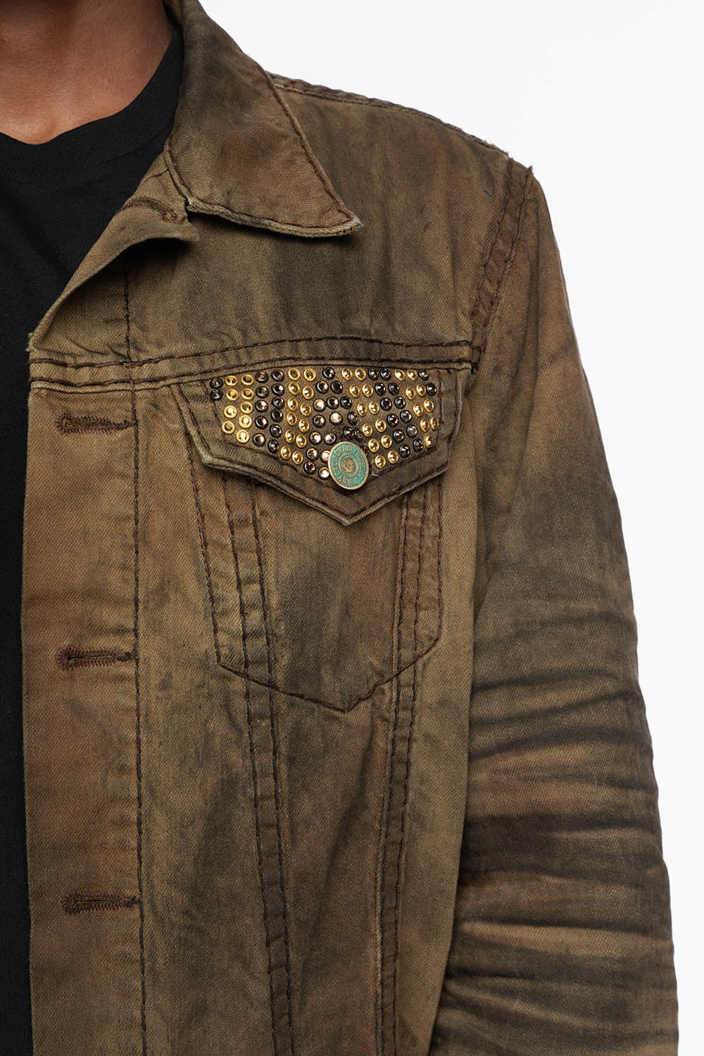 VINTAGE FASHION BROWN JEAN JKT WITH BROWN CONTRAST STICH WITH CRYSTALS Full Zip Closure Vegan Safe