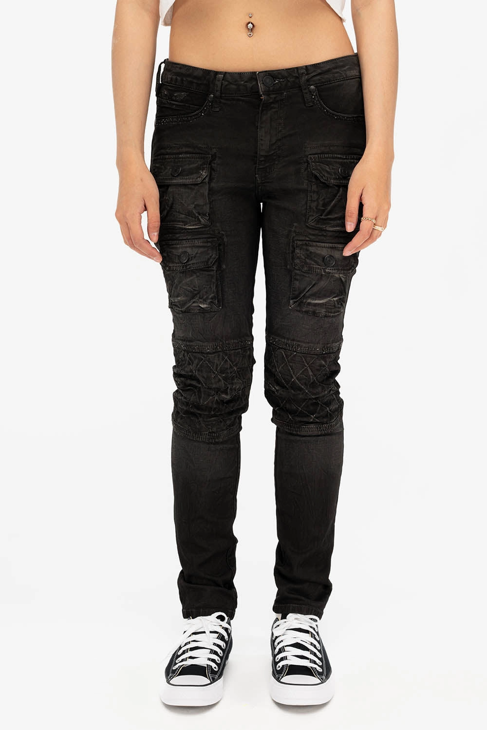 ROBIN'S MILITARY INSPIRED WOMENS SKINNY UTILITARIAN JEANS IN LA BLACK Flexible Match Odor Control Tech