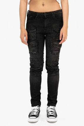 ROBIN'S MILITARY INSPIRED WOMENS SKINNY UTILITARIAN JEANS IN LA BLACK Flexible Match Odor Control Tech