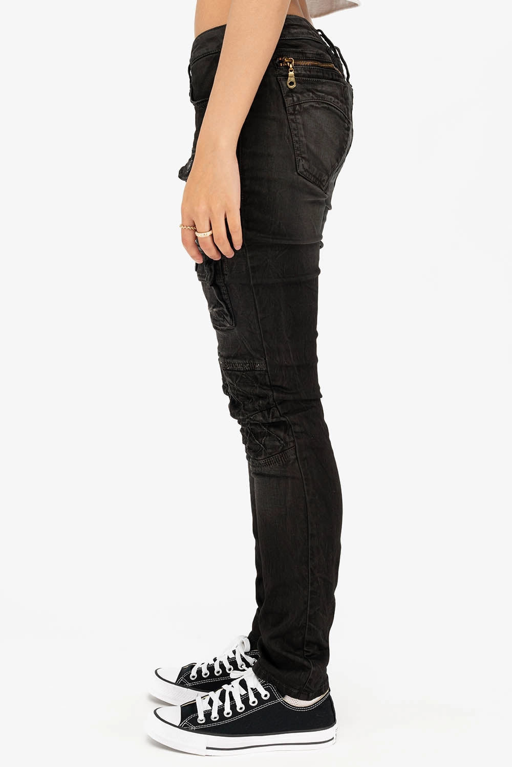 ROBIN'S MILITARY INSPIRED WOMENS SKINNY UTILITARIAN JEANS IN LA BLACK Sleek Waist Quick Wash