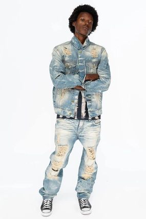 Detachable Lining Shrink resistant VINTAGE INDIGO DISTRESSED ,RIPPED JEAN JKT WITH WHITE CONTRAST STICH IN OMAHA BROKEN WASH WITH CRYSTALS