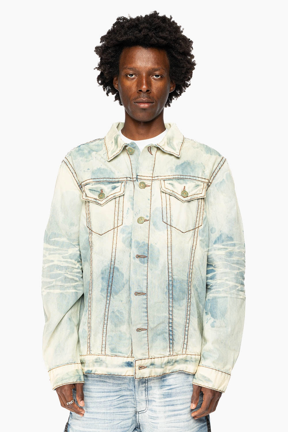 Evening Chill Piece VINTAGE LIGHT BLUE JACKET WITH BROWN HEAVY STITCHING